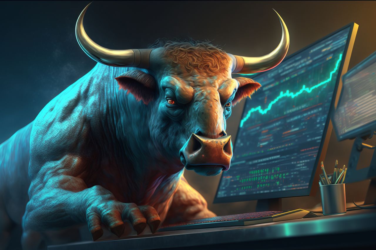 Angry Bull trading with computer, Bullist in Stock market and Crypto currency. Created by Generative Ai