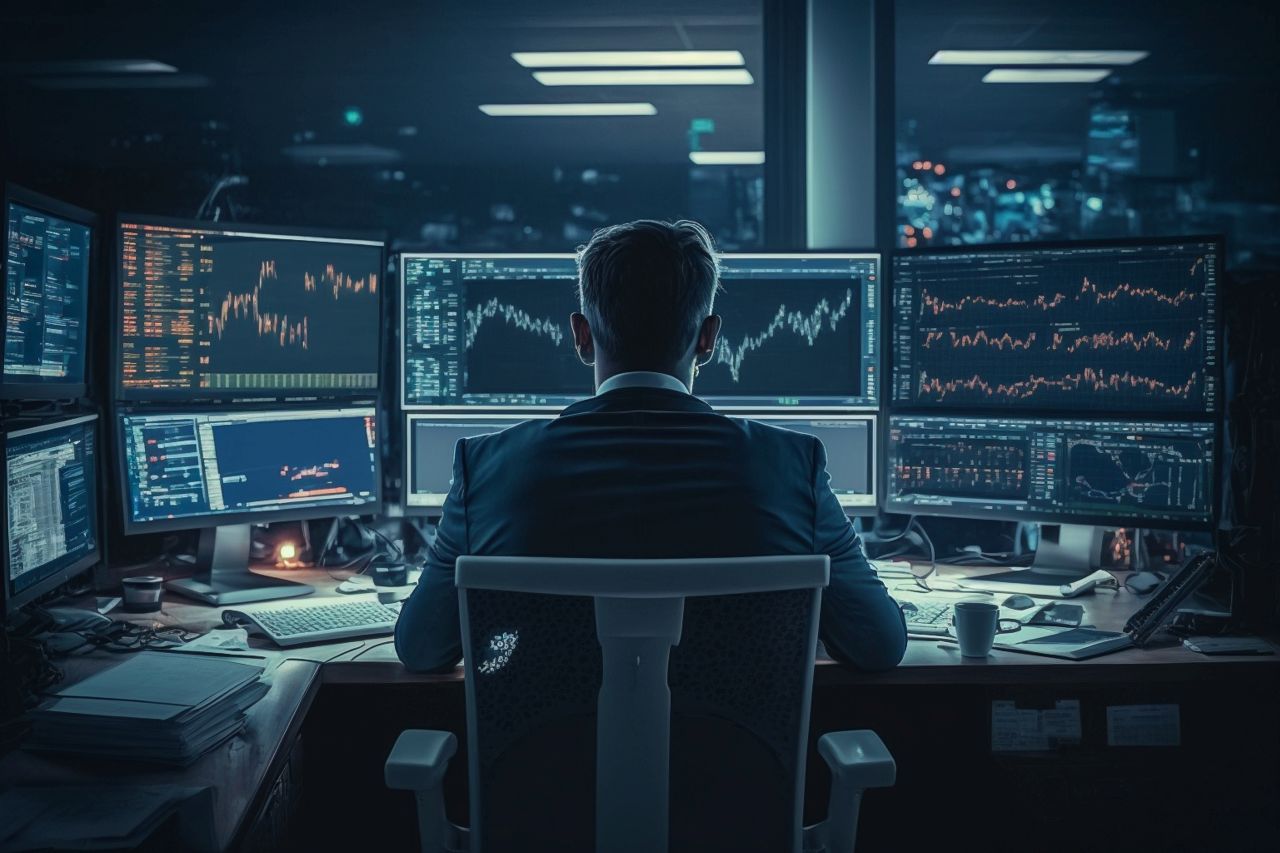 Trader doing analysis and trading behind multiple screens showing charts and statistics. Stock, crypto or forex financial market.